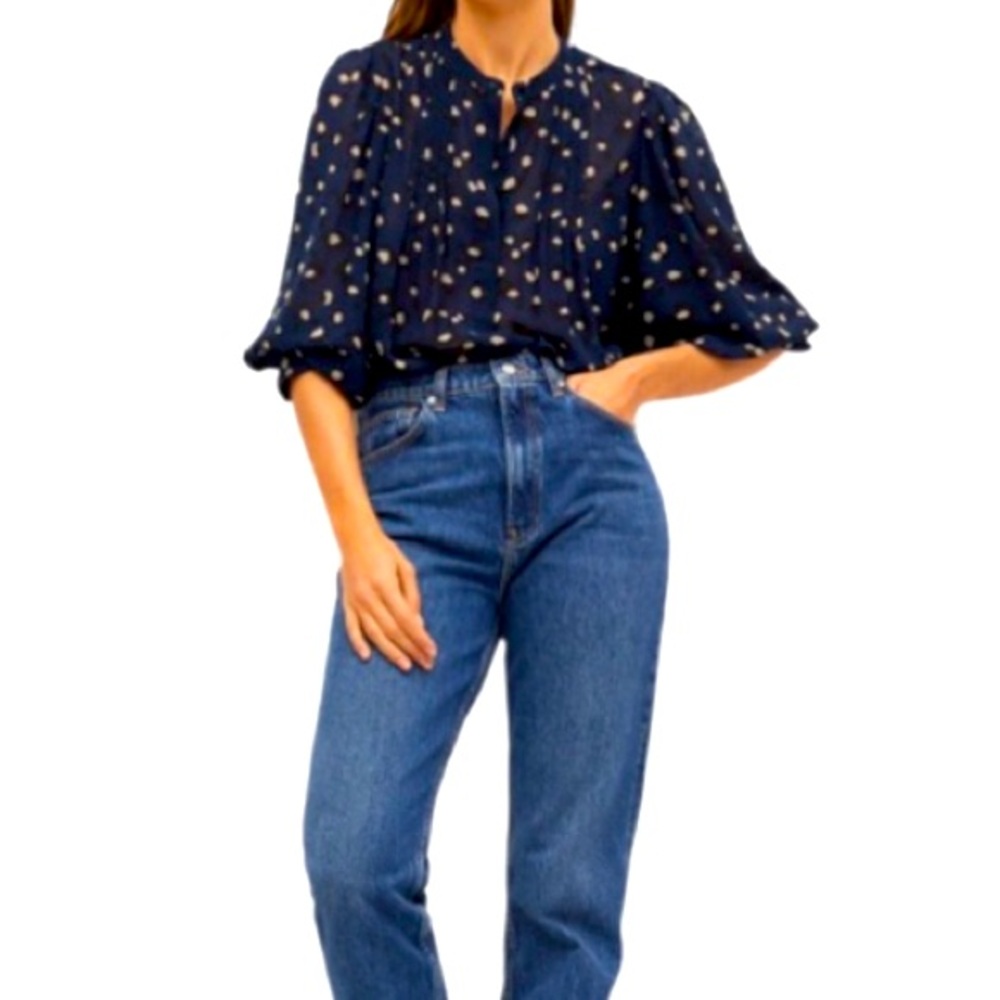 MANGO Polka Dot Printed  Blue Bottom Down LongSleeve Blouse Size L